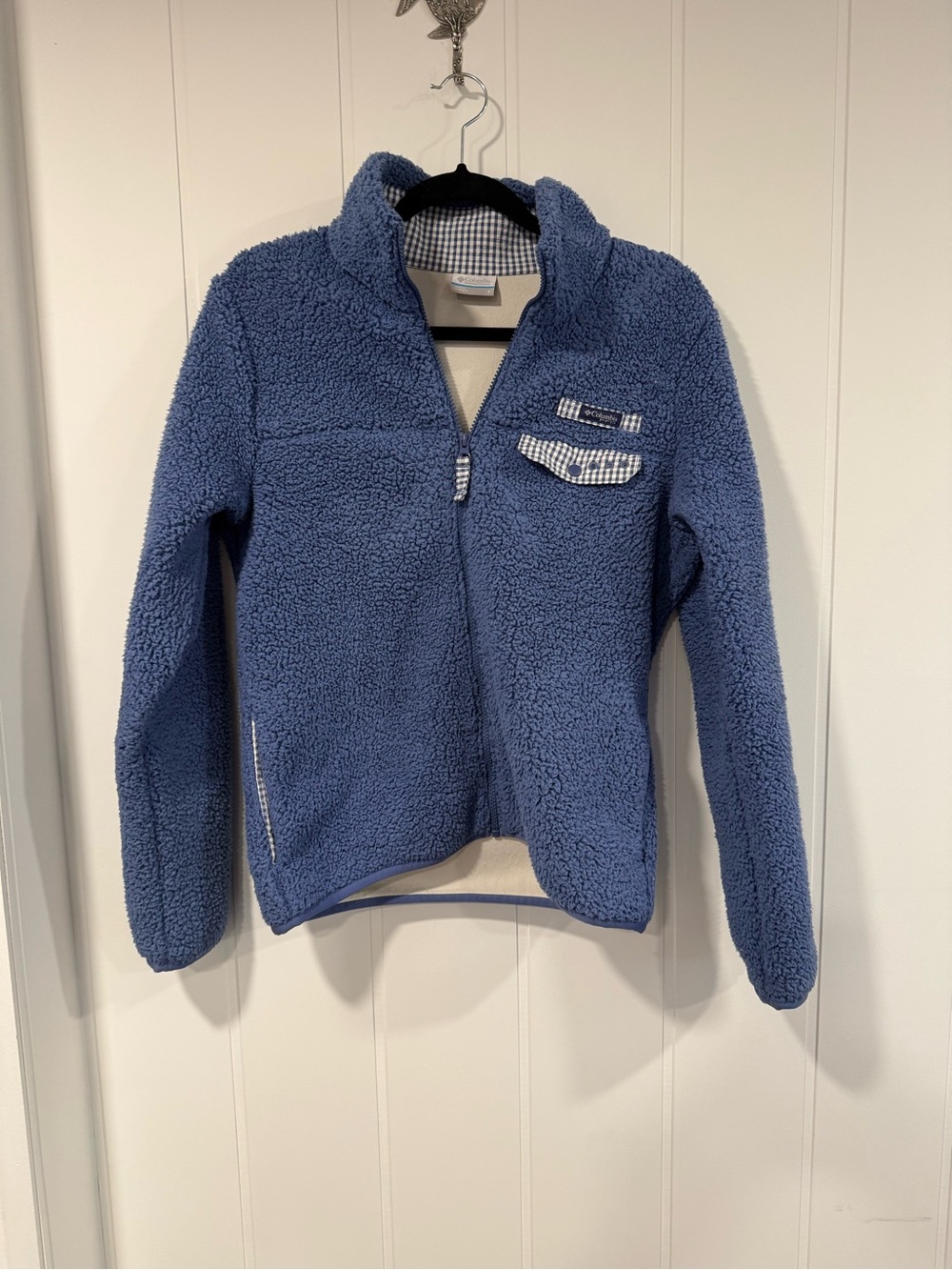 Columbia PFG Blue Sherpa Jacket with Gingham Trim